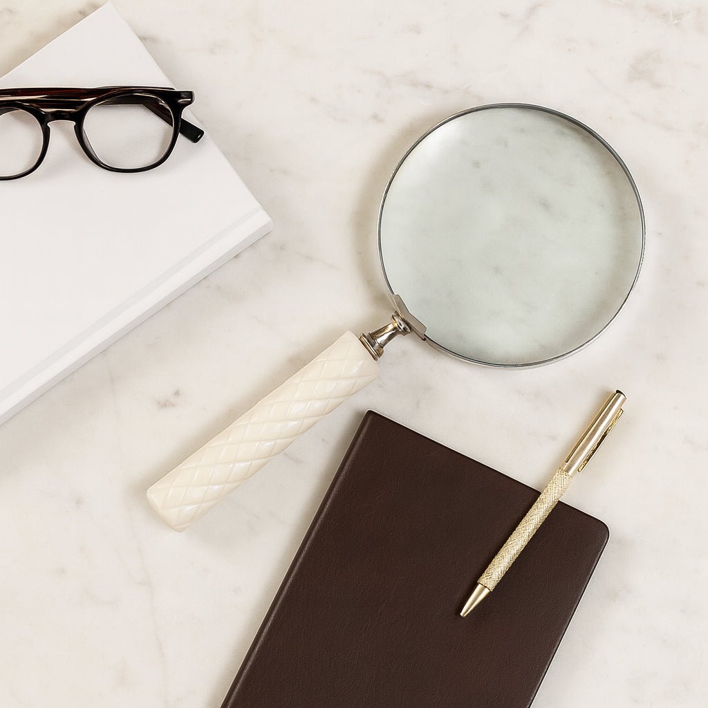 9x4" Diamond Carved Handle Magnifying Glass, Ivory Table Decors| Sagebrook Home