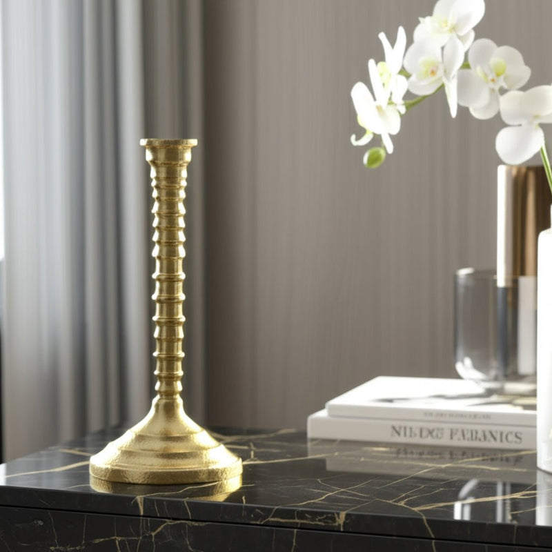 9x4" Ribbed Metal Taper Holder, Gold - Al Rugaib Furniture