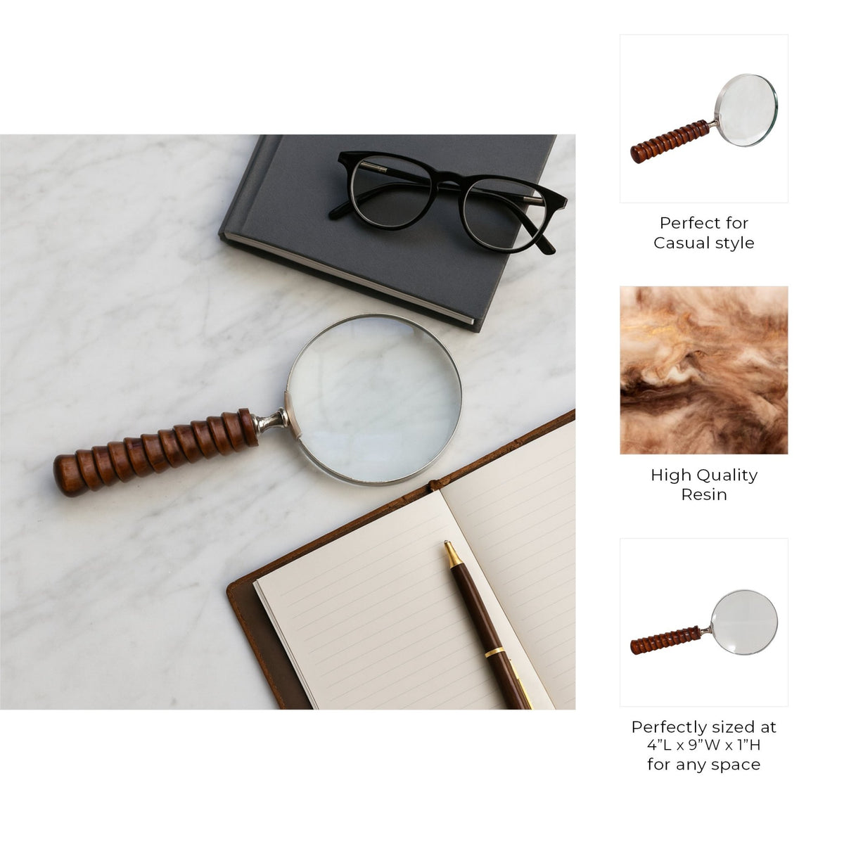9x4" Ridged Handle Magnifying Glass, Brown Table Decors| Sagebrook Home