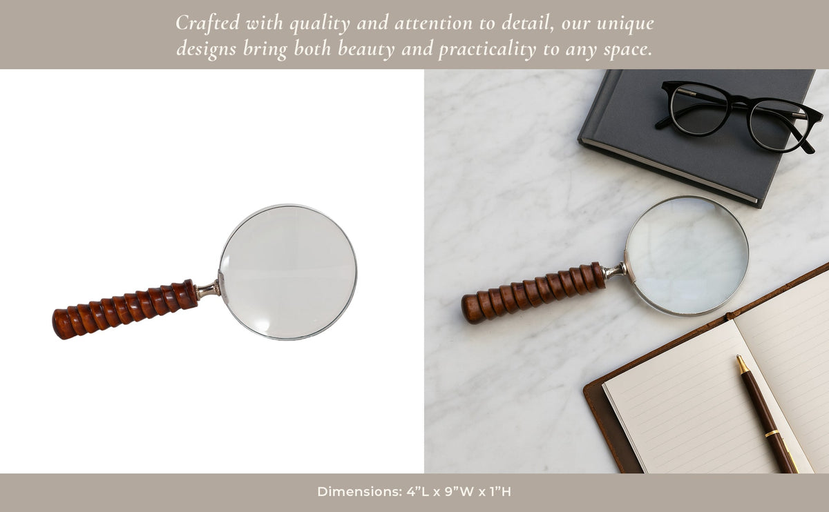 9x4" Ridged Handle Magnifying Glass, Brown Table Decors| Sagebrook Home