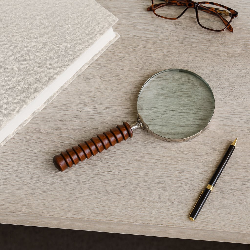 9x4" Ridged Handle Magnifying Glass, Brown Table Decors| Sagebrook Home