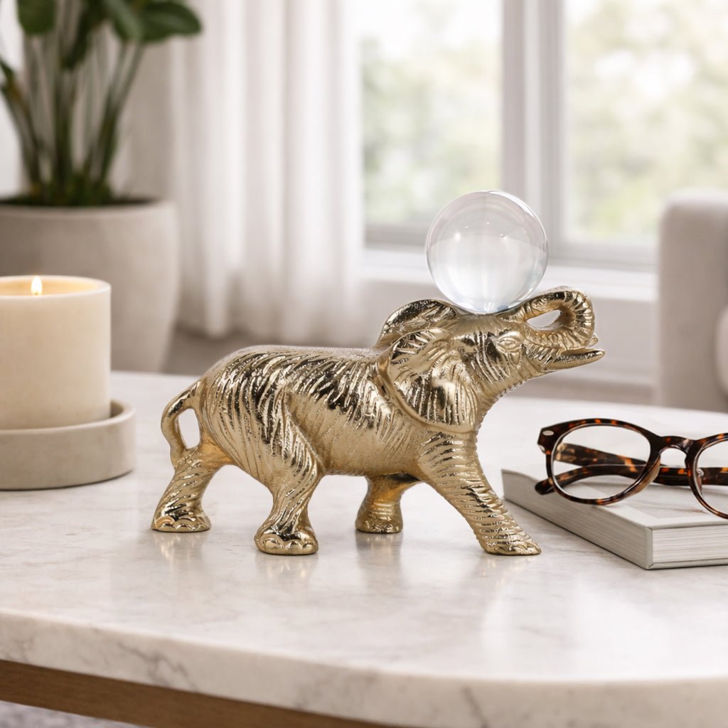 9x6" Elephant W/ Acrylic Ball, Gold Table Decors| Sagebrook Home