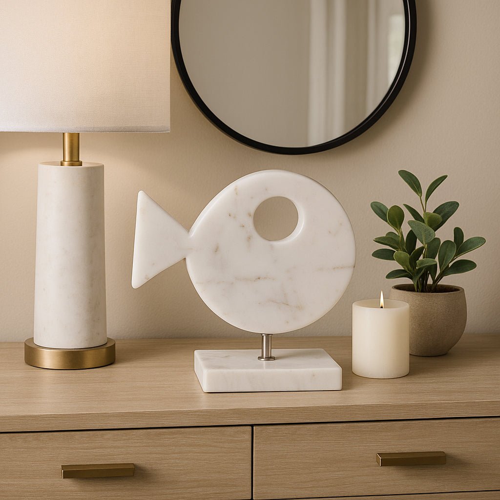 9x9" Marble Fish On Stand, White Table Decors| Sagebrook Home