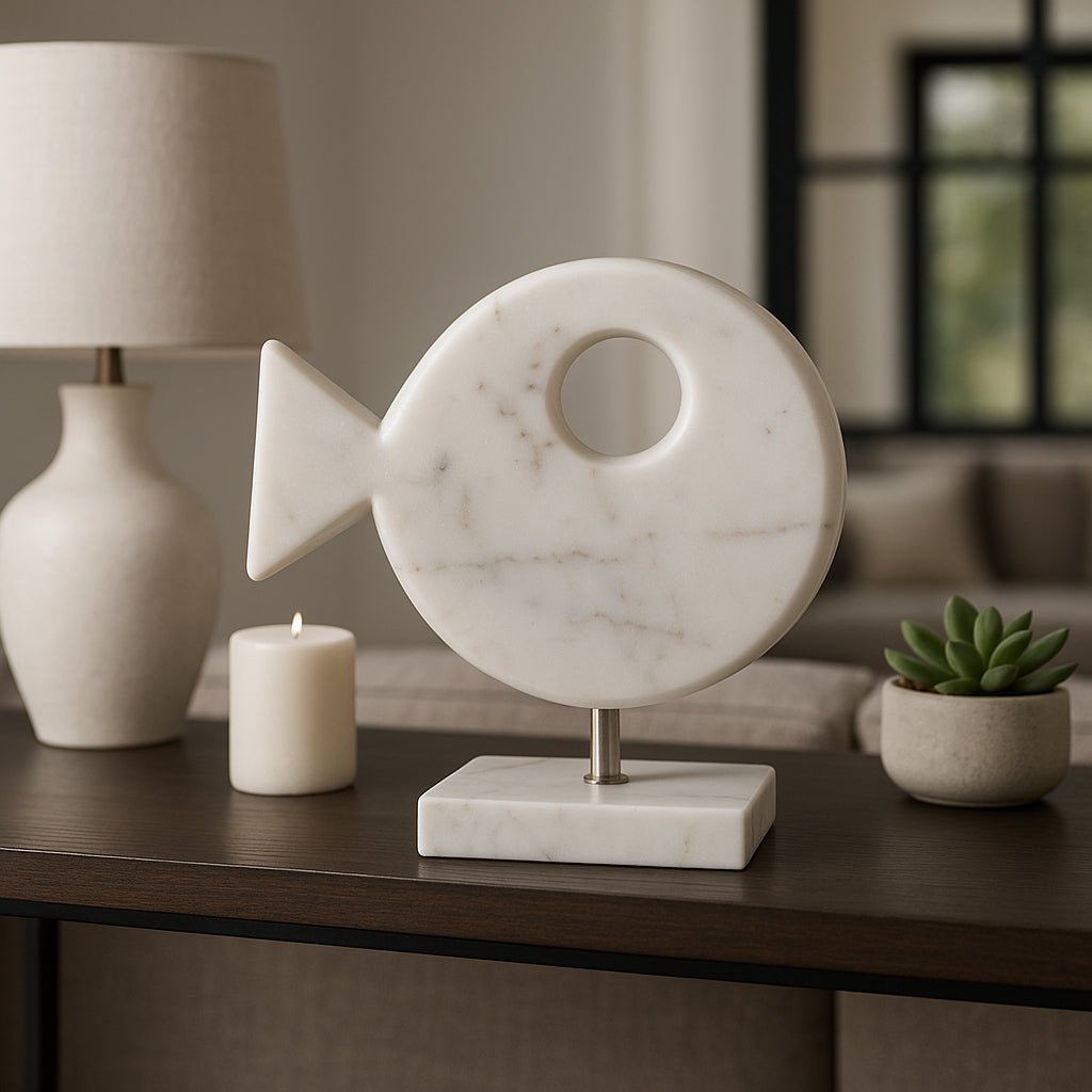 9x9" Marble Fish On Stand, White Table Decors| Sagebrook Home