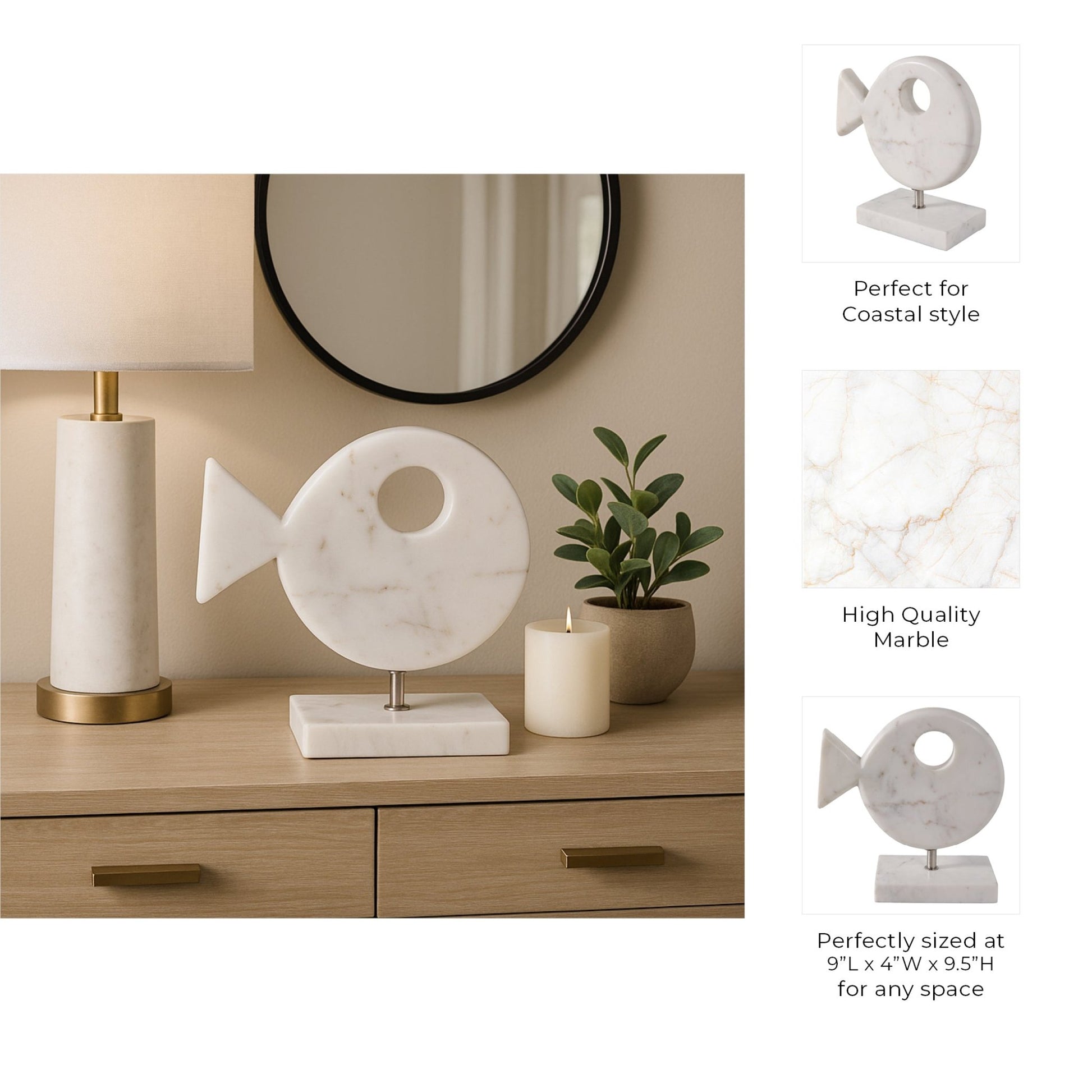 9x9" Marble Fish On Stand, White Table Decors| Sagebrook Home