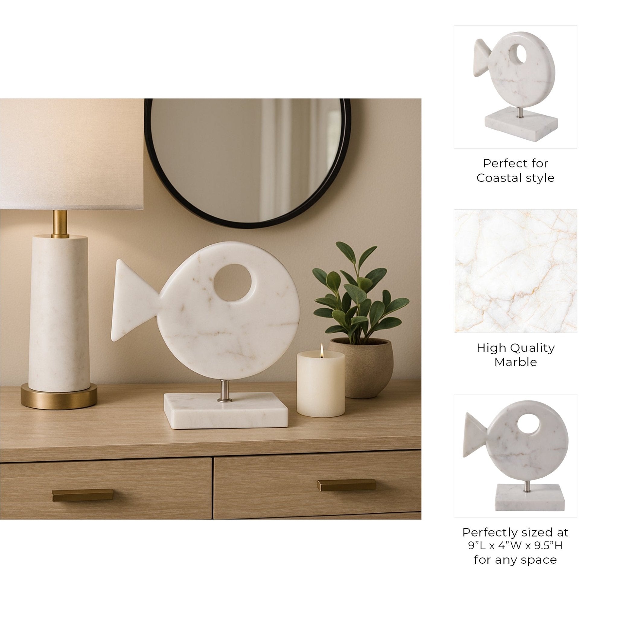 9x9" Marble Fish On Stand, White Table Decors| Sagebrook Home