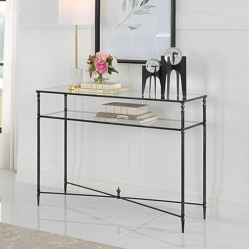 Henzler 114 W x 83 H x 35 D Silver Rectangle Console Table with Mirror Top