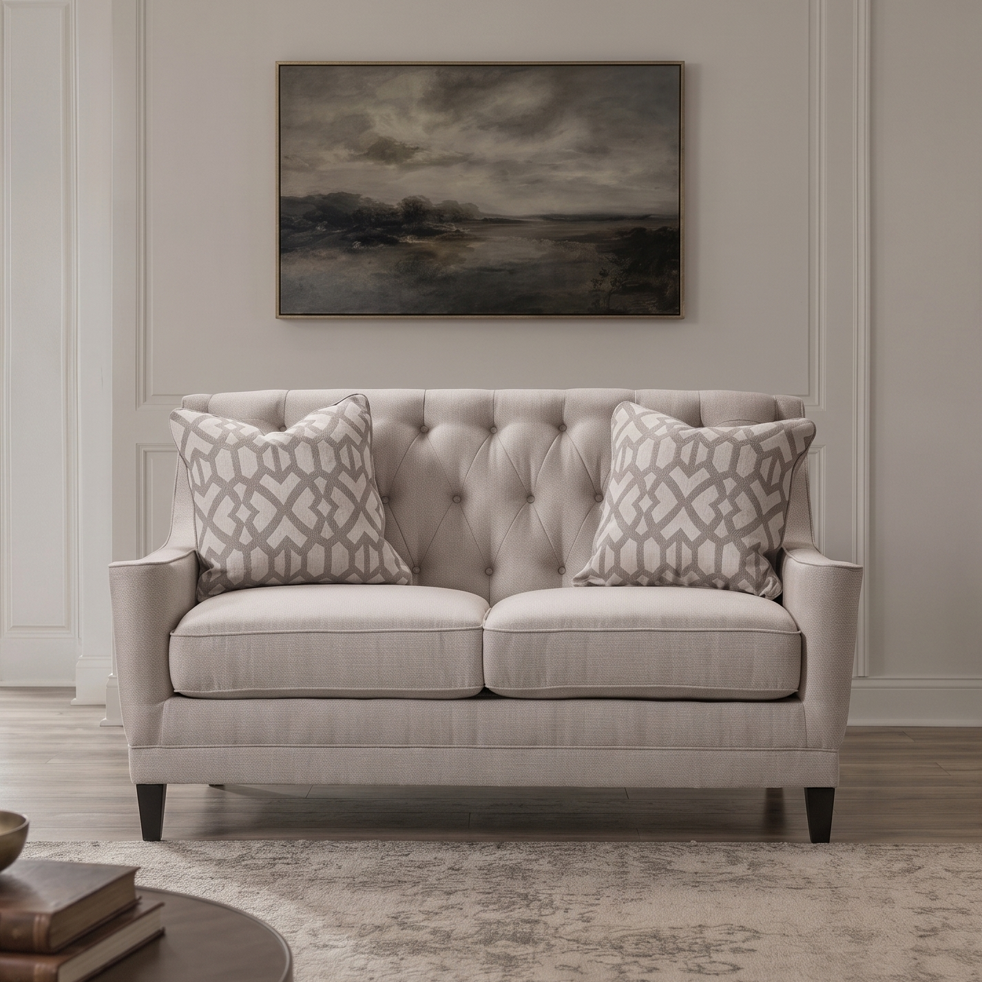 A light beige tufted loveseat sofa with two patterned throw pillows, set in a bright, modern living room with hardwood floors, a round coffee table, and wall art.