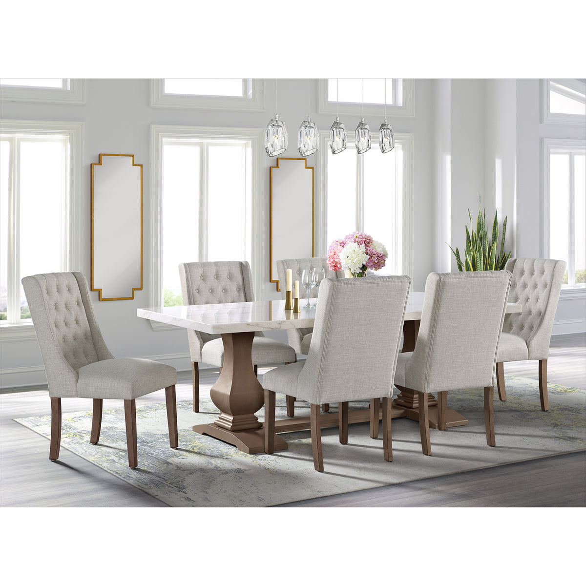 Monticello White Marble Dining Table 6-8 Seaters Oak Brown