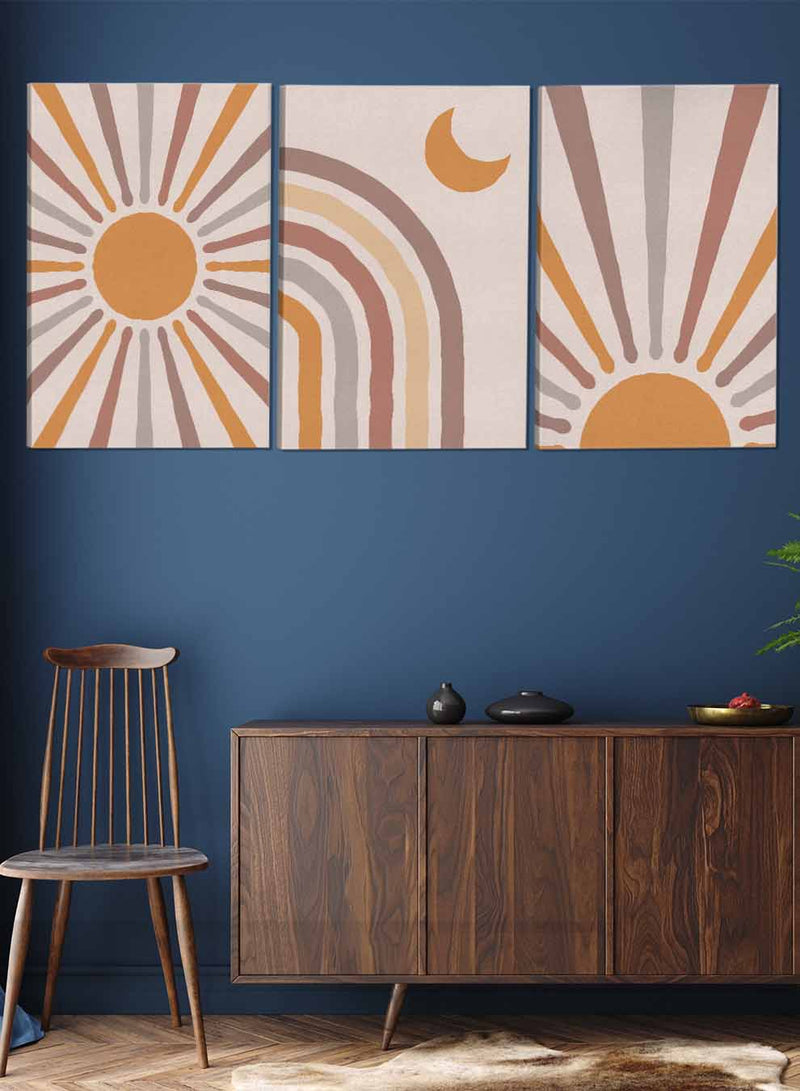 Sun Crescent Moon Abstract Paintings(set of 3)