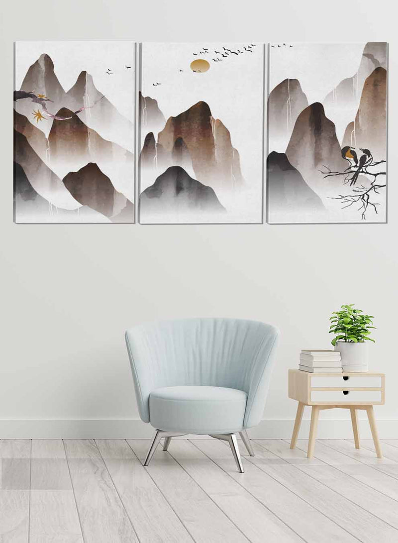 Mountains Birds And The Moon Abstract Paintings(set of 3)