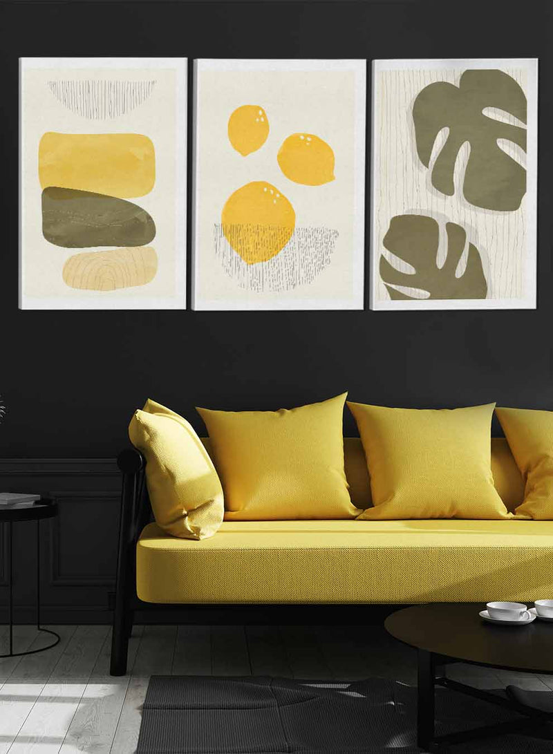 Lemon And Leaves Abstract Paintings(set of 3)