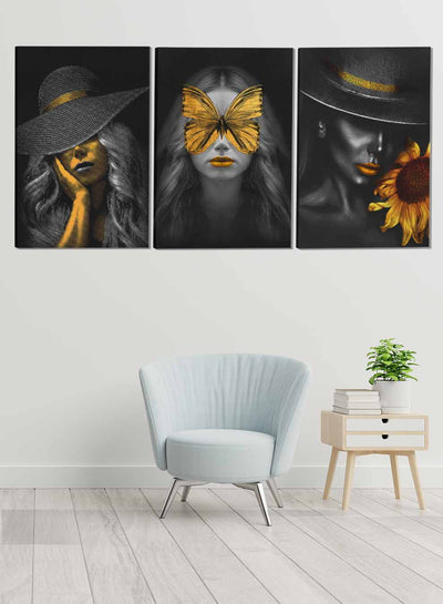 Butterfly And Woman Wearing A Hat Abstract Paintings(set of 3)