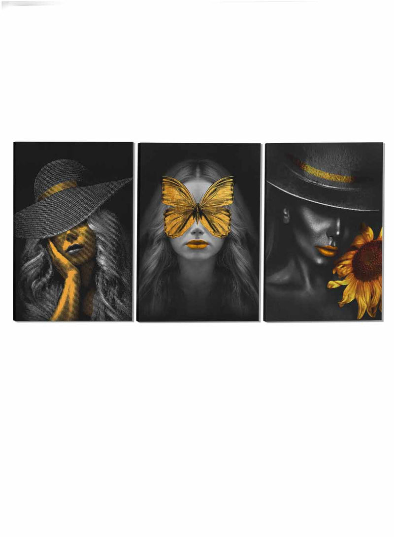 Butterfly And Woman Wearing A Hat Abstract Paintings(set of 3)