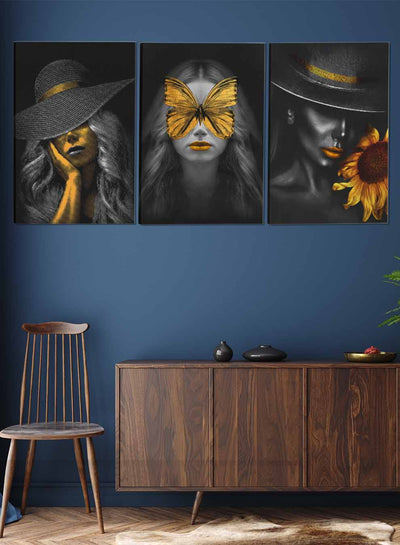 Butterfly And Woman Wearing A Hat Abstract Paintings(set of 3)
