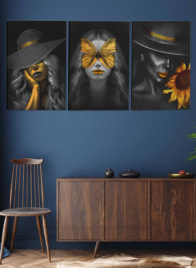 Butterfly And Woman Wearing A Hat Abstract Paintings(set of 3)