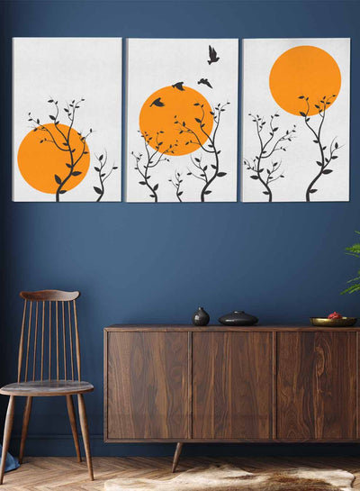 Trees And Flying Birds Sunset Paintings(set of 3)