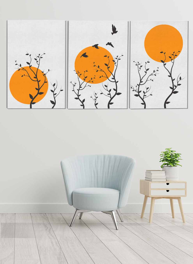 Trees And Flying Birds Sunset Paintings(set of 3)