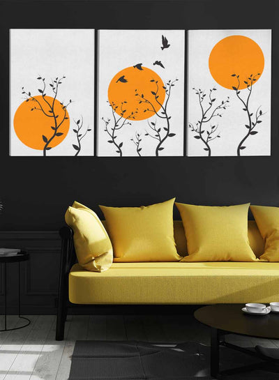 Trees And Flying Birds Sunset Paintings(set of 3)