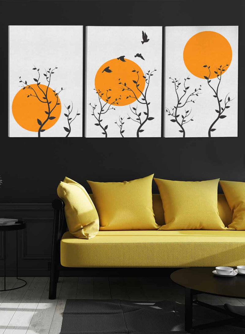 Trees And Flying Birds Sunset Paintings(set of 3)