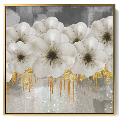 Square Canvas Wall Art Stretched Over Wooden Frame with Gold Floating Frame and Landscape With Cliffs Painting