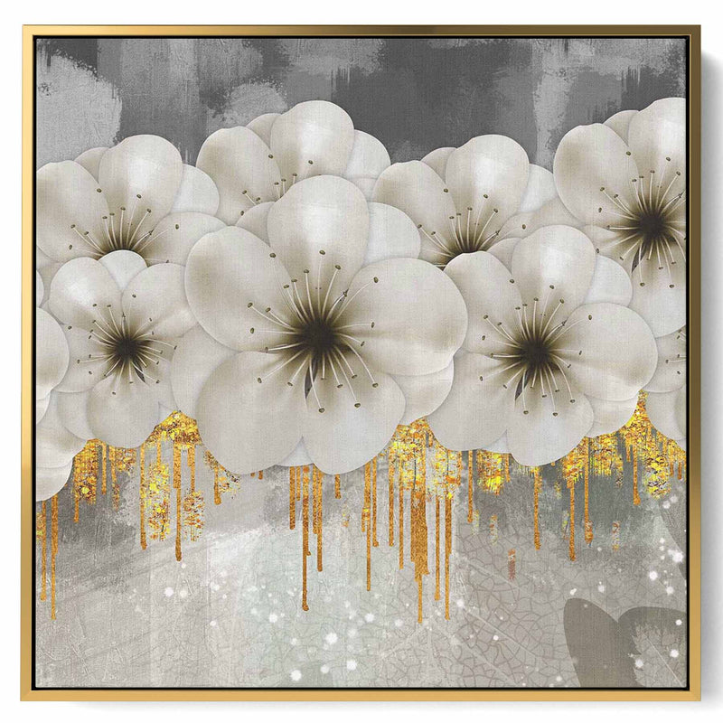 Square Canvas Wall Art Stretched Over Wooden Frame with Gold Floating Frame and Landscape With Cliffs Painting