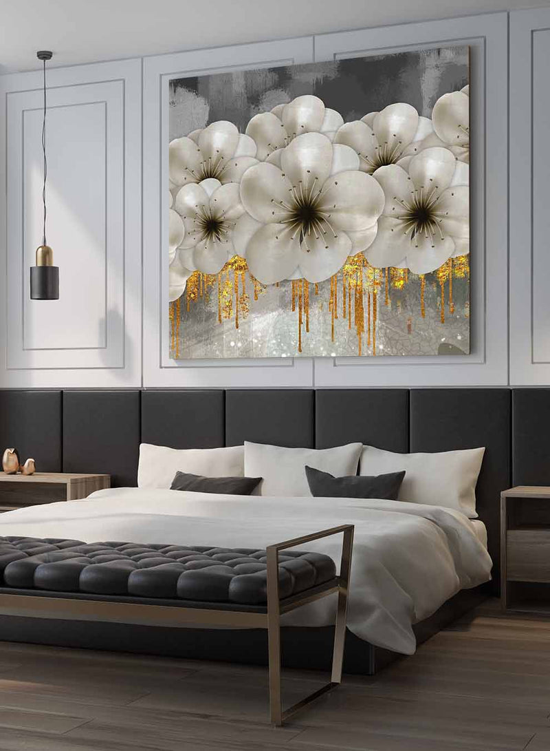 Square Canvas Wall Art Stretched Over Wooden Frame with Gold Floating Frame and Landscape With Cliffs Painting