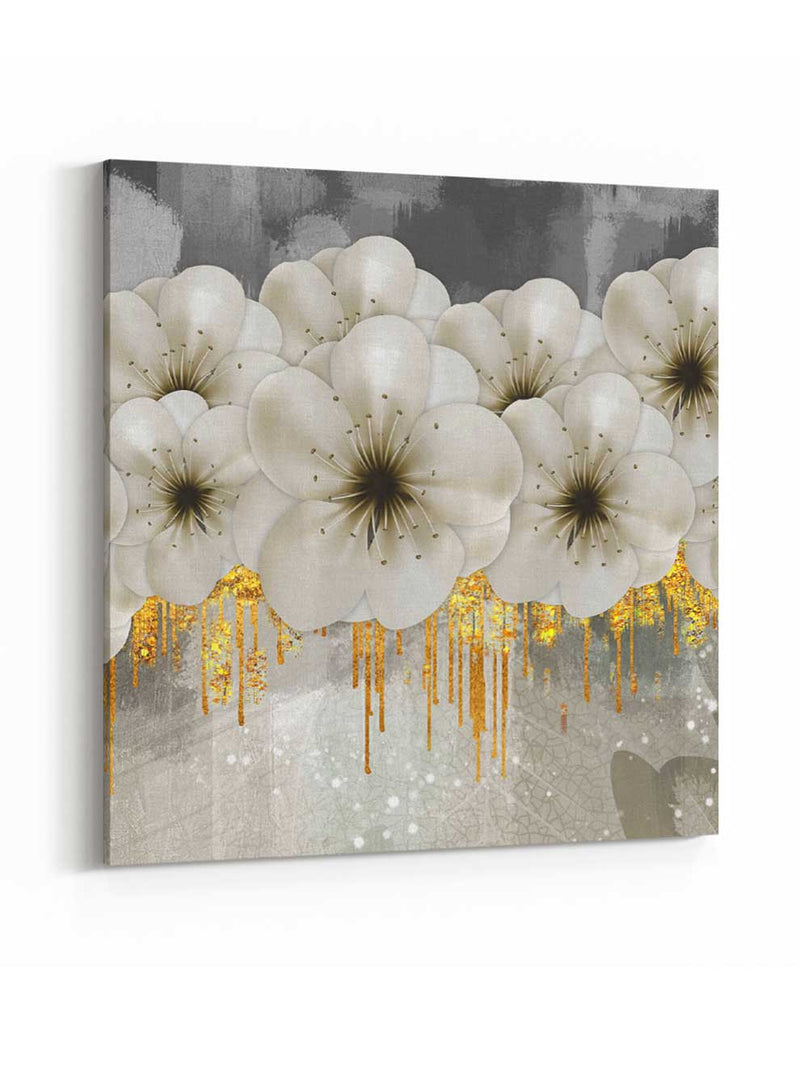 Square Canvas Wall Art Stretched Over Wooden Frame with Gold Floating Frame and Golden Woods Abstract Painting