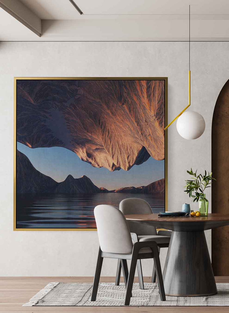 Square Canvas Wall Art Stretched Over Wooden Frame with Brown Floating Frame and Beautiful Opened Flower Painting