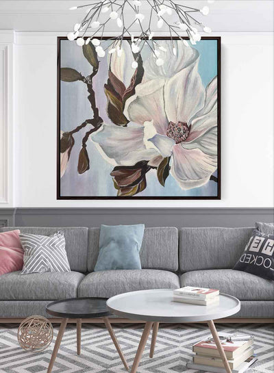 Square Canvas Wall Art Stretched Over Wooden Frame with Gold Floating Frame and Golden Woods Abstract Painting