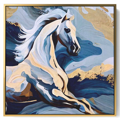 Square Canvas Wall Art Stretched Over Wooden Frame with Gold Floating Frame and Horse Eyes Abstract Painting