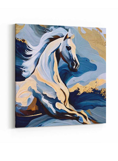 Square Canvas Wall Art Stretched Over Wooden Frame with Gold Floating Frame and Horse Eyes Abstract Painting