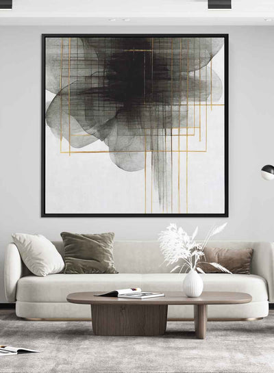 Square Canvas Wall Art Stretched Over Wooden Frame with Black Floating Frame and Sea Wave Abstract Painting