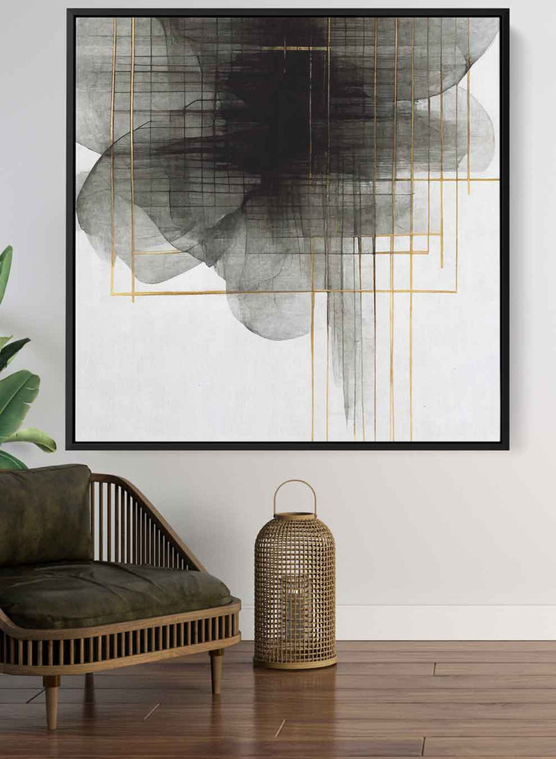 Square Canvas Wall Art Stretched Over Wooden Frame with Black Floating Frame and Sea Wave Abstract Painting