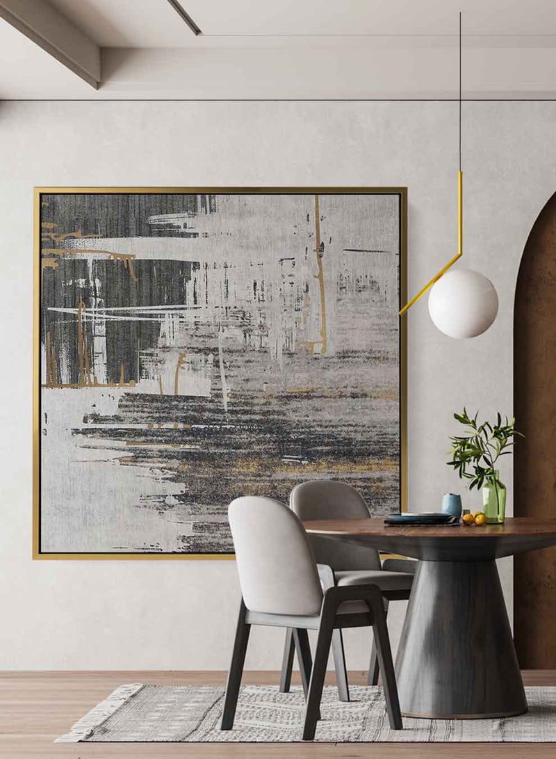 Square Canvas Wall Art Stretched Over Wooden Frame with Black Floating Frame and Oil Painting