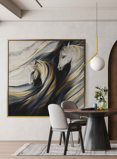 Square Canvas Wall Art Stretched Over Wooden Frame with Gold Floating Frame and Horse Couple Oil Painting