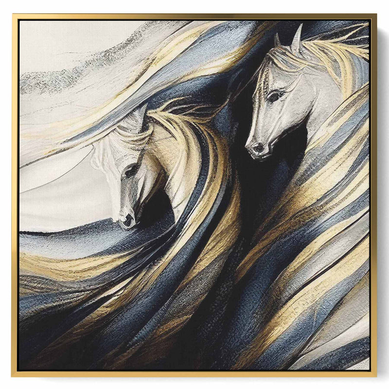 Square Canvas Wall Art Stretched Over Wooden Frame with Gold Floating Frame and Horse Couple Oil Painting