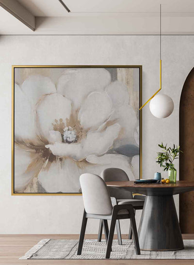 Square Canvas Wall Art Stretched Over Wooden Frame with Gold Floating Frame and Sun rays Abstract Painting