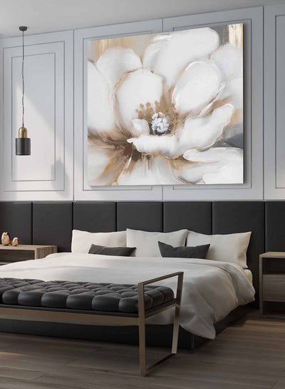 Square Canvas Wall Art Stretched Over Wooden Frame with Gold Floating Frame and Sun rays Abstract Painting