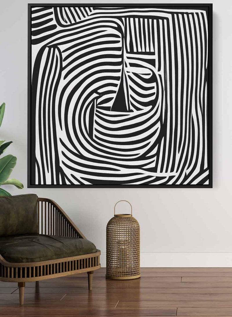 Square Canvas Wall Art Stretched Over Wooden Frame with Black Floating Frame and Sea Waves Abstract Painting