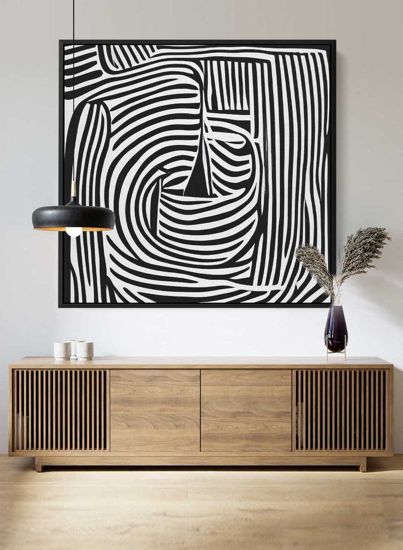 Square Canvas Wall Art Stretched Over Wooden Frame with Black Floating Frame and Sea Waves Abstract Painting