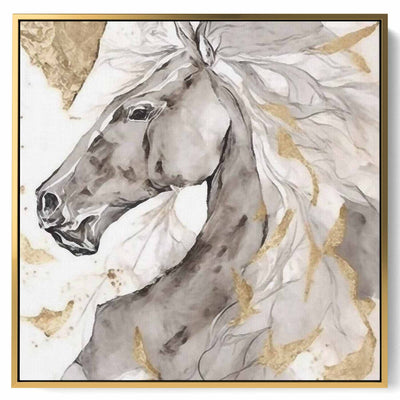 Square Canvas Wall Art Stretched Over Wooden Frame with Gold Floating Frame and Wild Horse Oil Painting