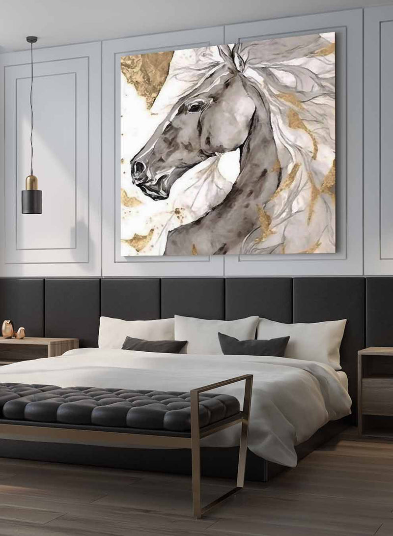 Square Canvas Wall Art Stretched Over Wooden Frame with Gold Floating Frame and Wild Horse Oil Painting