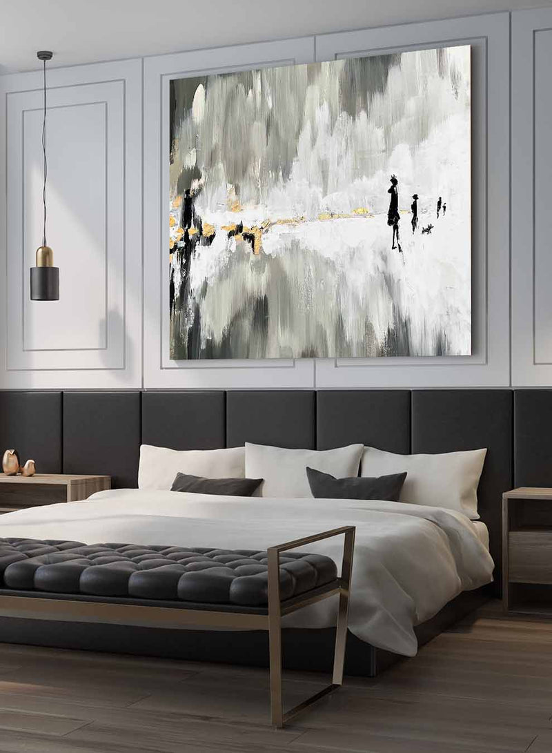 Square Canvas Wall Art Stretched Over Wooden Frame with Black Floating Frame and One Line Face Abstract Painting
