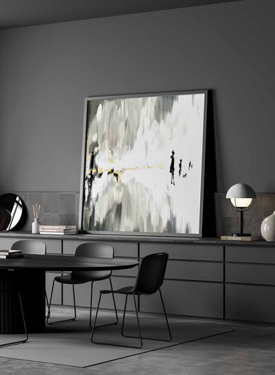 Square Canvas Wall Art Stretched Over Wooden Frame with Black Floating Frame and One Line Face Abstract Painting