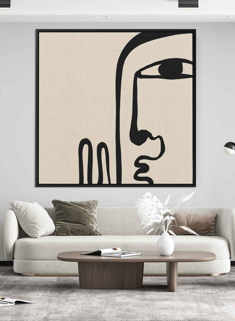 Square Canvas Wall Art Stretched Over Wooden Frame with Brown Floating Frame and Moon On Mountains Abstract Painting