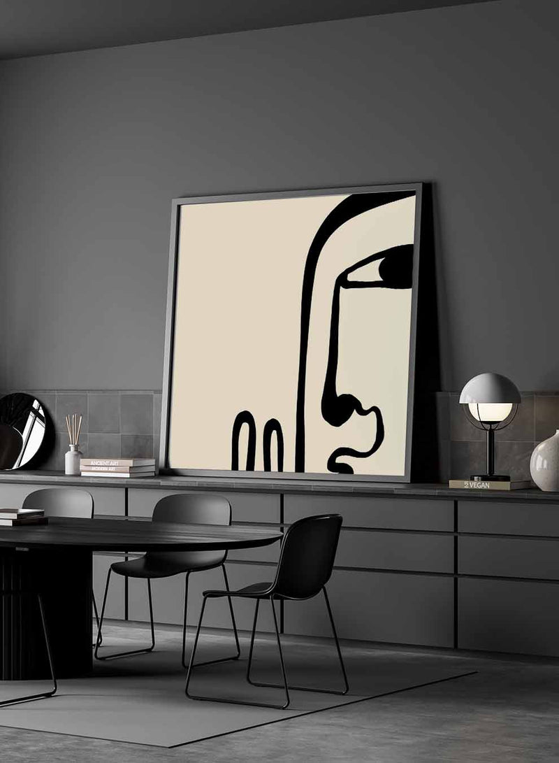 Square Canvas Wall Art Stretched Over Wooden Frame with Brown Floating Frame and Moon On Mountains Abstract Painting