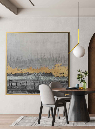 Square Canvas Wall Art Stretched Over Wooden Frame with Gold Floating Frame and Mesmerizing Landscape Painting