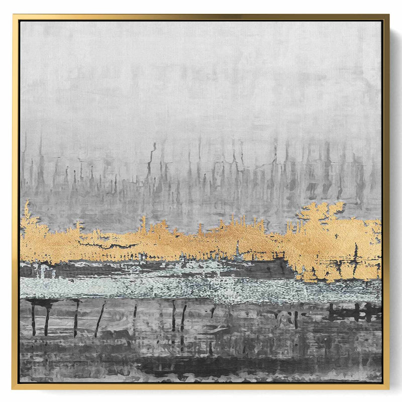 Square Canvas Wall Art Stretched Over Wooden Frame with Gold Floating Frame and Mesmerizing Landscape Painting