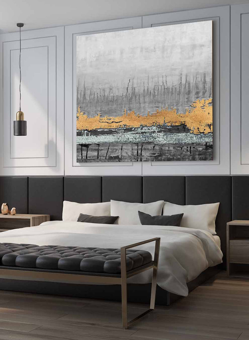 Square Canvas Wall Art Stretched Over Wooden Frame with Gold Floating Frame and Mesmerizing Landscape Painting